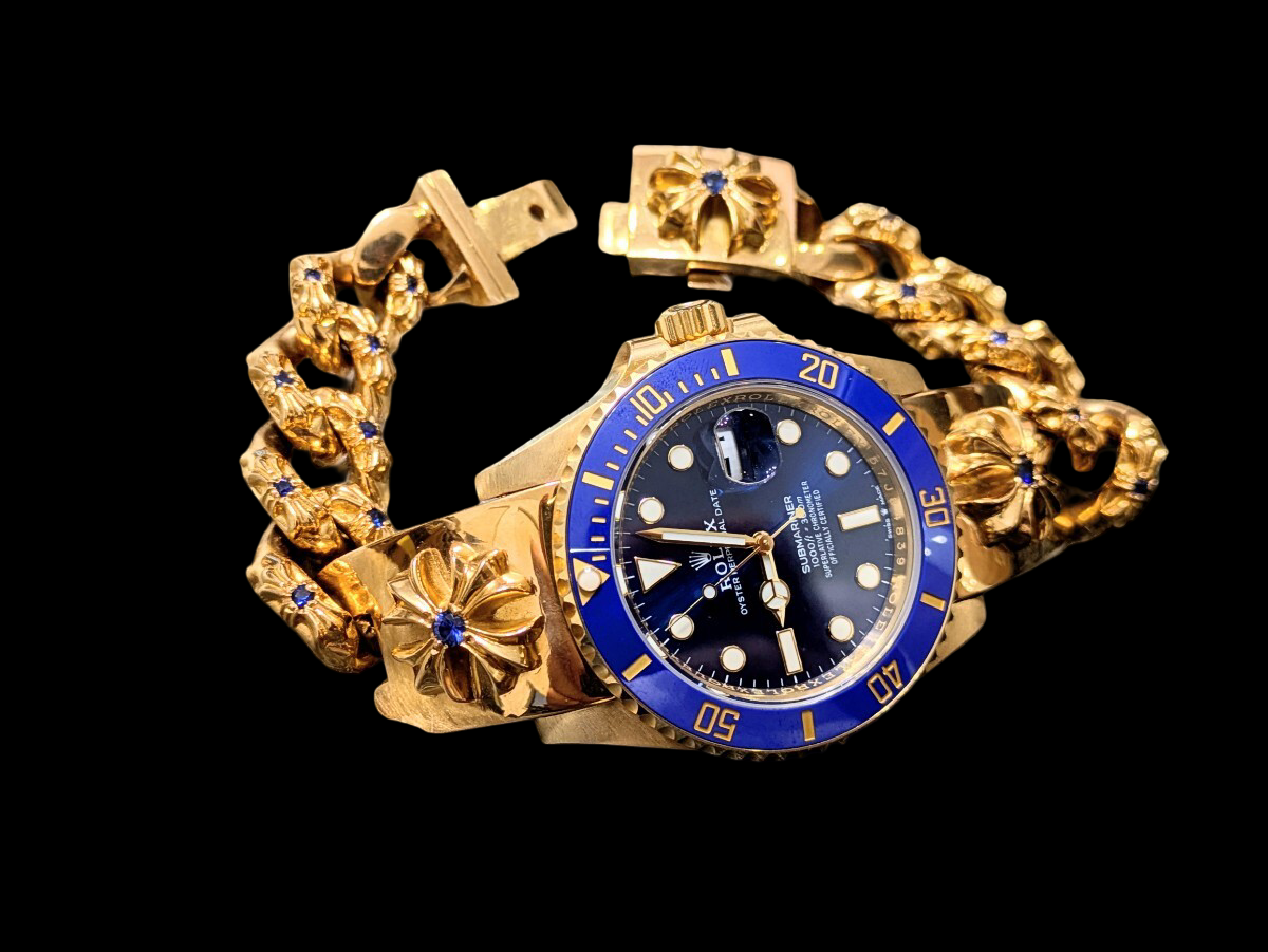 CHROME HEARTS × ROLEX 126618LB · 22K Custom Link Bracelet · Factory Blue Sapphire Insert Submariner LB Hybrid Art Timepiece