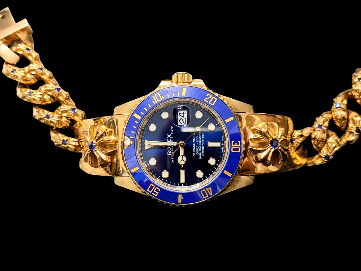 CHROME HEARTS × ROLEX 126618LB · 22K Custom Link Bracelet · Factory Blue Sapphire Insert Submariner LB Hybrid Art Timepiece