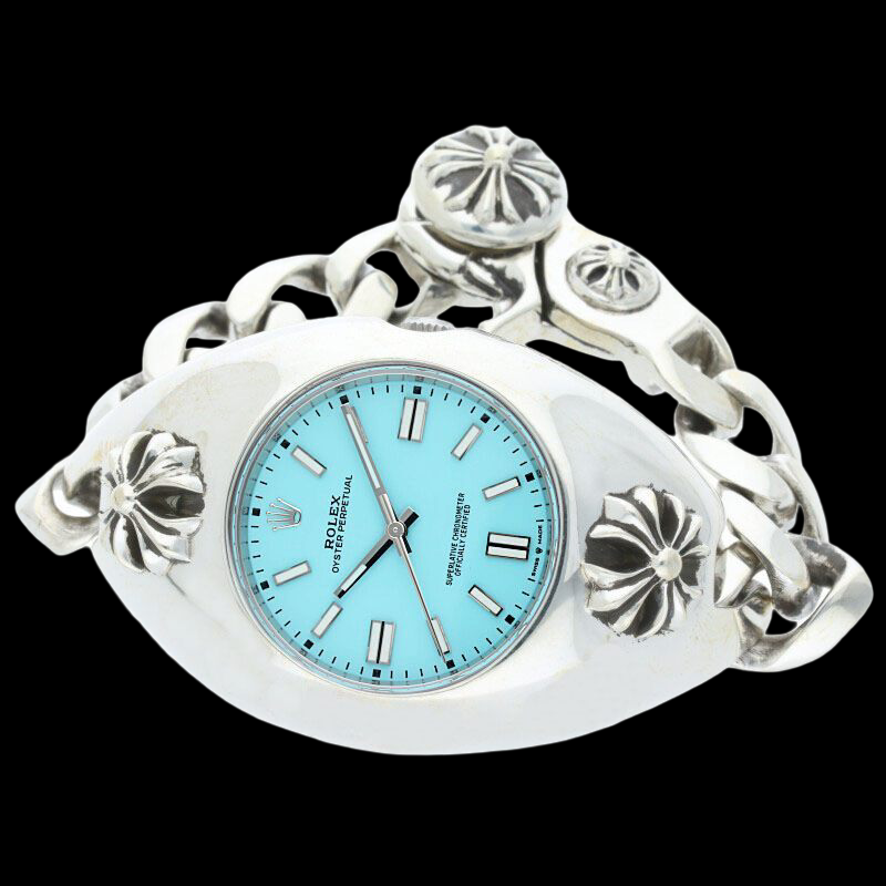 Rolex × Chrome Hearts OP41 Ref.124300 – 41mm Silver CH Custom Bracelet Case · Light Blue Dial · Hybrid Artisanal Luxury Watch (A Rank)