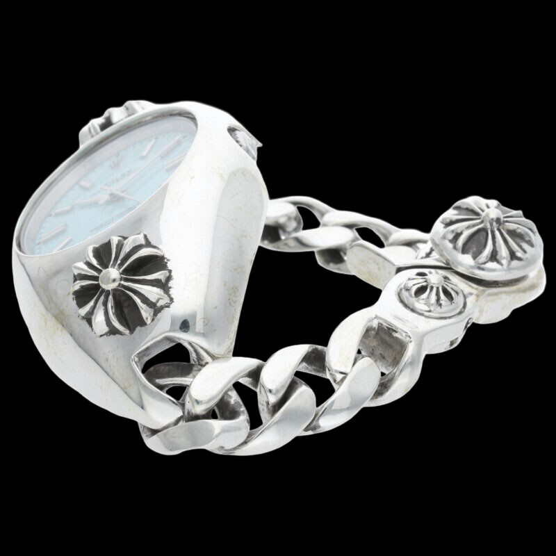 Rolex × Chrome Hearts OP41 Ref.124300 – 41mm Silver CH Custom Bracelet Case · Light Blue Dial · Hybrid Artisanal Luxury Watch (A Rank)