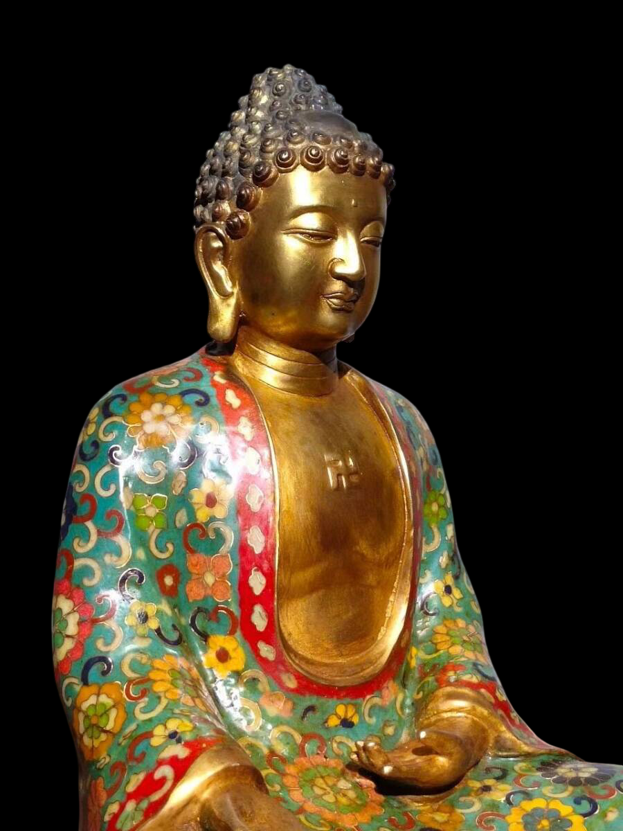 Cloisonné-Enamel Shakyamuni Buddha — Gilt Face, Floral Robe, Enamel on Copper, 32 cm Seated Figure (Chinese Style, Offered from Japan)