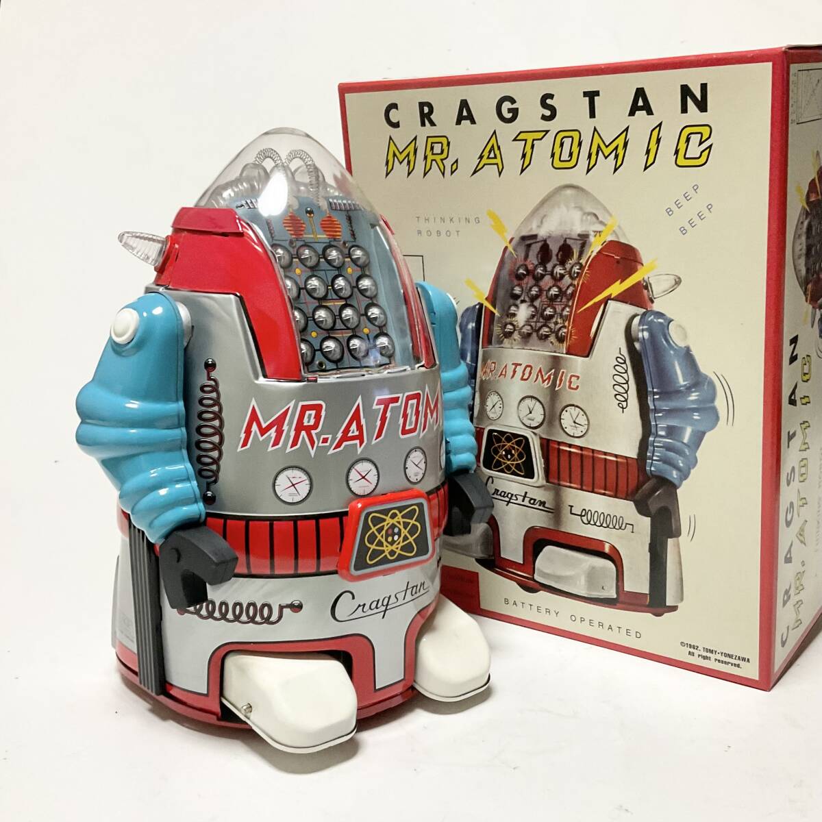 Cragstan Mr. Atomic Tin Robot Silver Variant Battery Action with Box and Papers Vintage Space Age