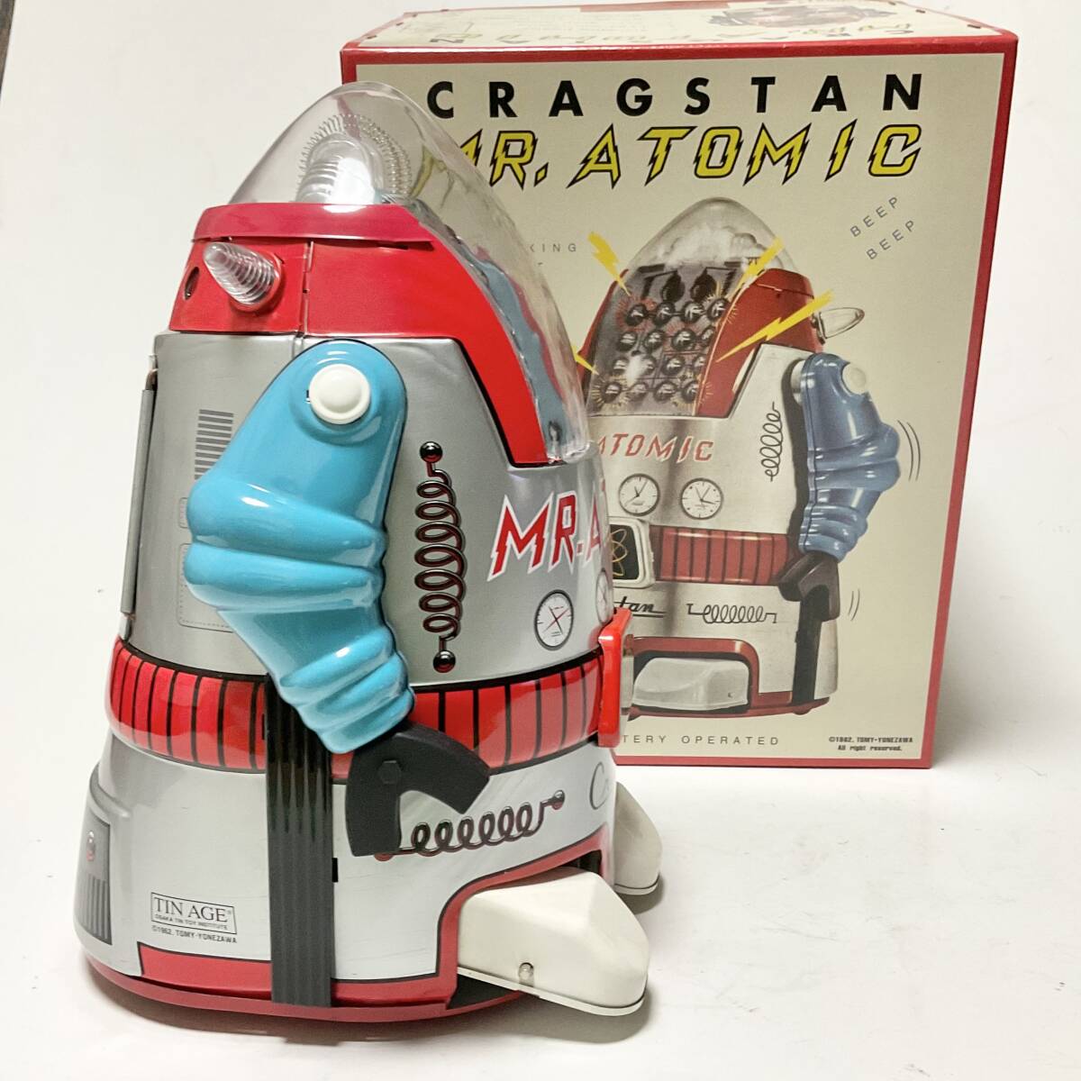 Cragstan Mr. Atomic Tin Robot Silver Variant Battery Action with Box and Papers Vintage Space Age