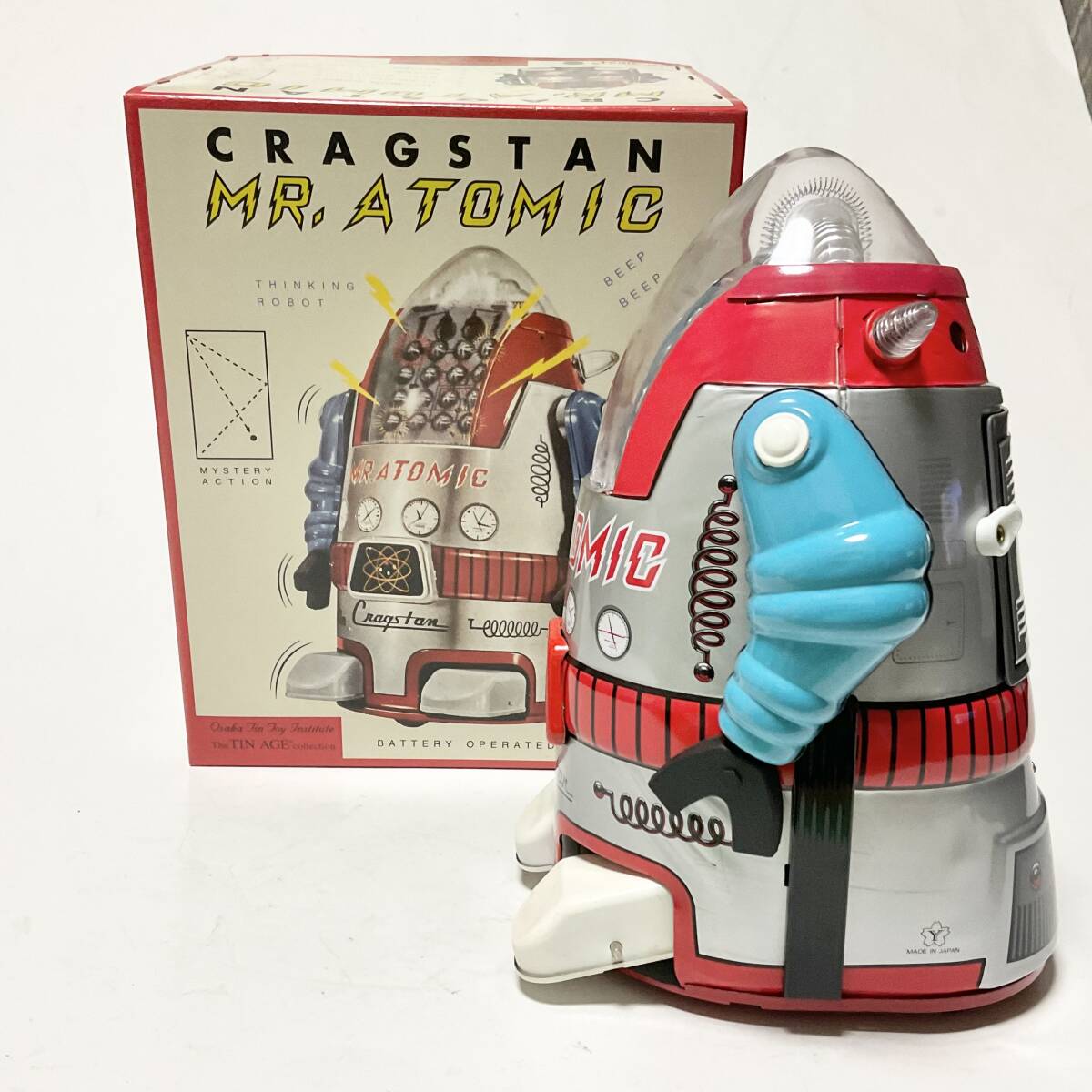 Cragstan Mr. Atomic Tin Robot Silver Variant Battery Action with Box and Papers Vintage Space Age