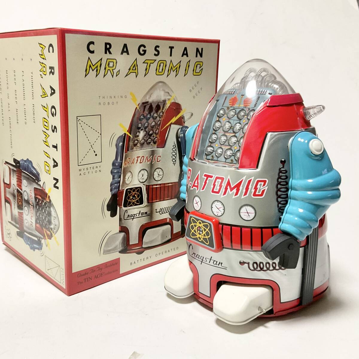 Cragstan Mr. Atomic Tin Robot Silver Variant Battery Action with Box and Papers Vintage Space Age