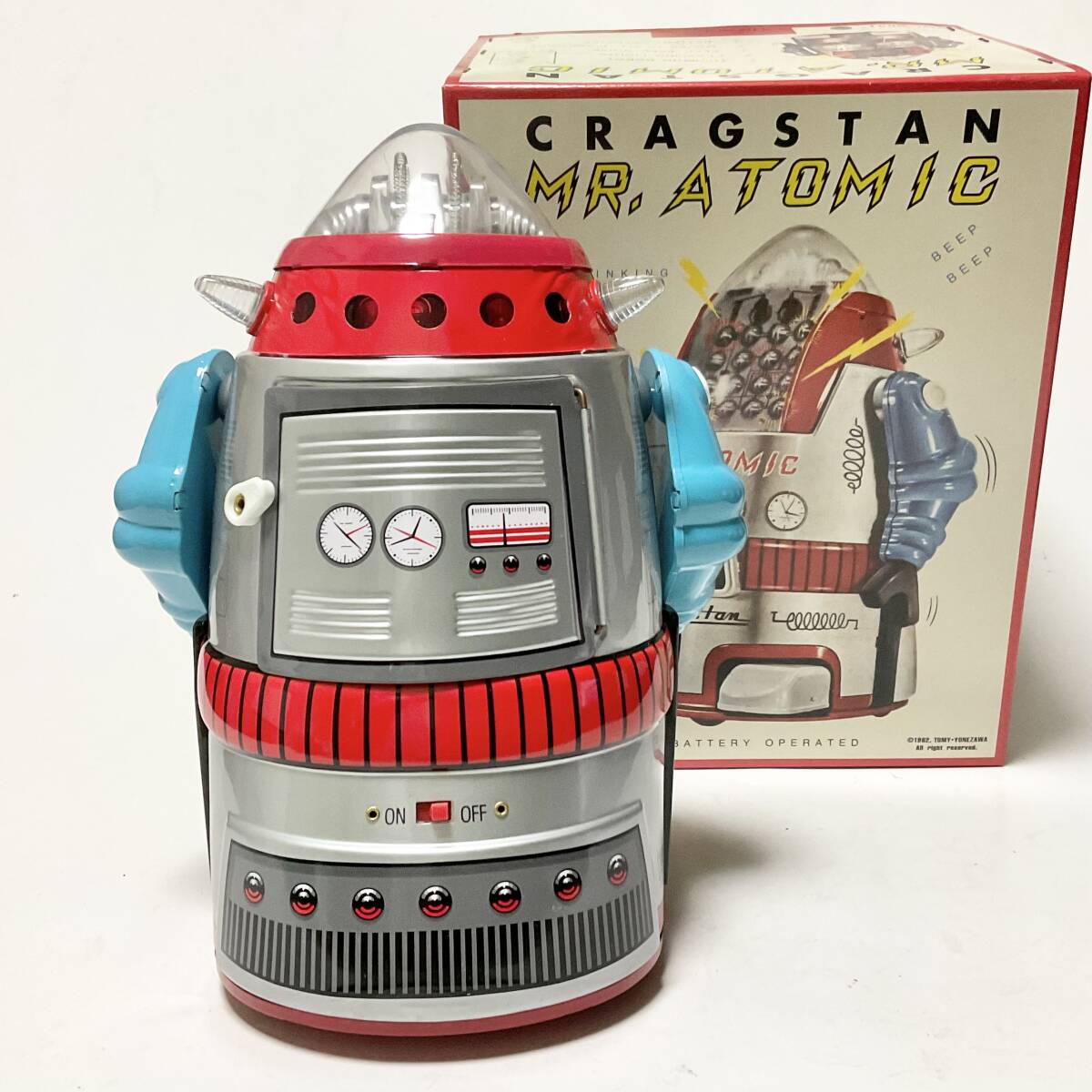 Cragstan Mr. Atomic Tin Robot Silver Variant Battery Action with Box and Papers Vintage Space Age