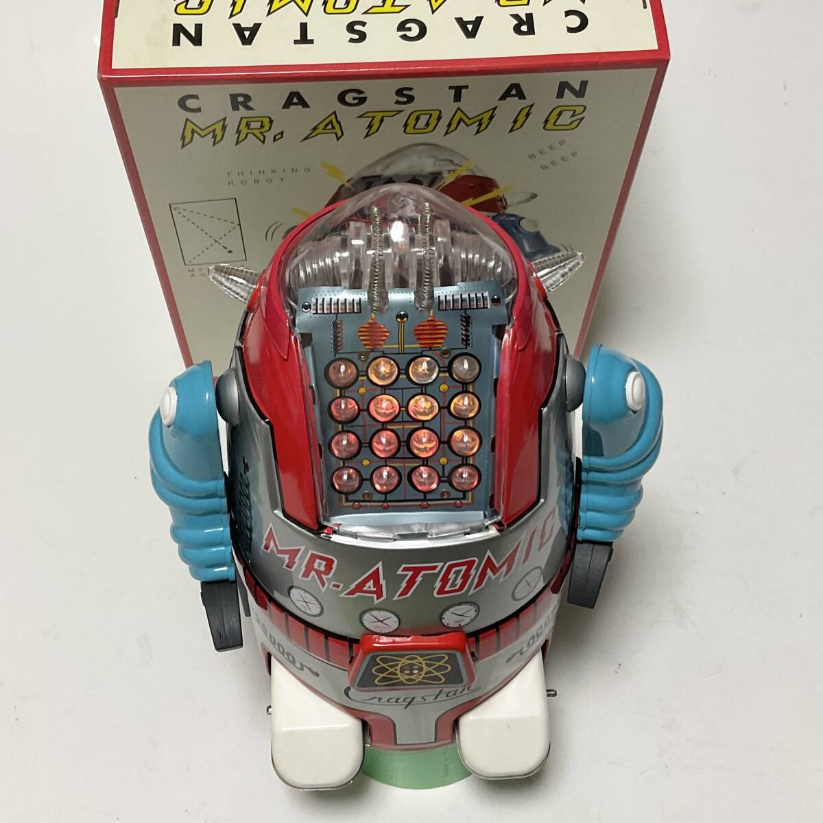 Cragstan Mr. Atomic Tin Robot Silver Variant Battery Action with Box and Papers Vintage Space Age