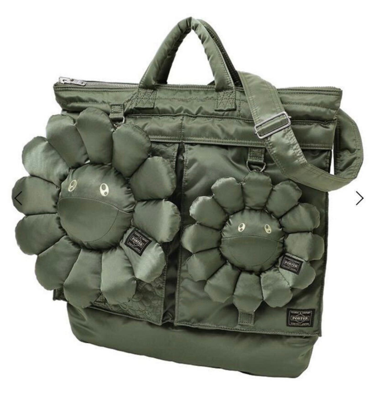 Porter × Takashi Murakami 2WAY Helmet Bag Khaki Double Flower Limited Yoshida Company TM Collaboration Shoulder Tote