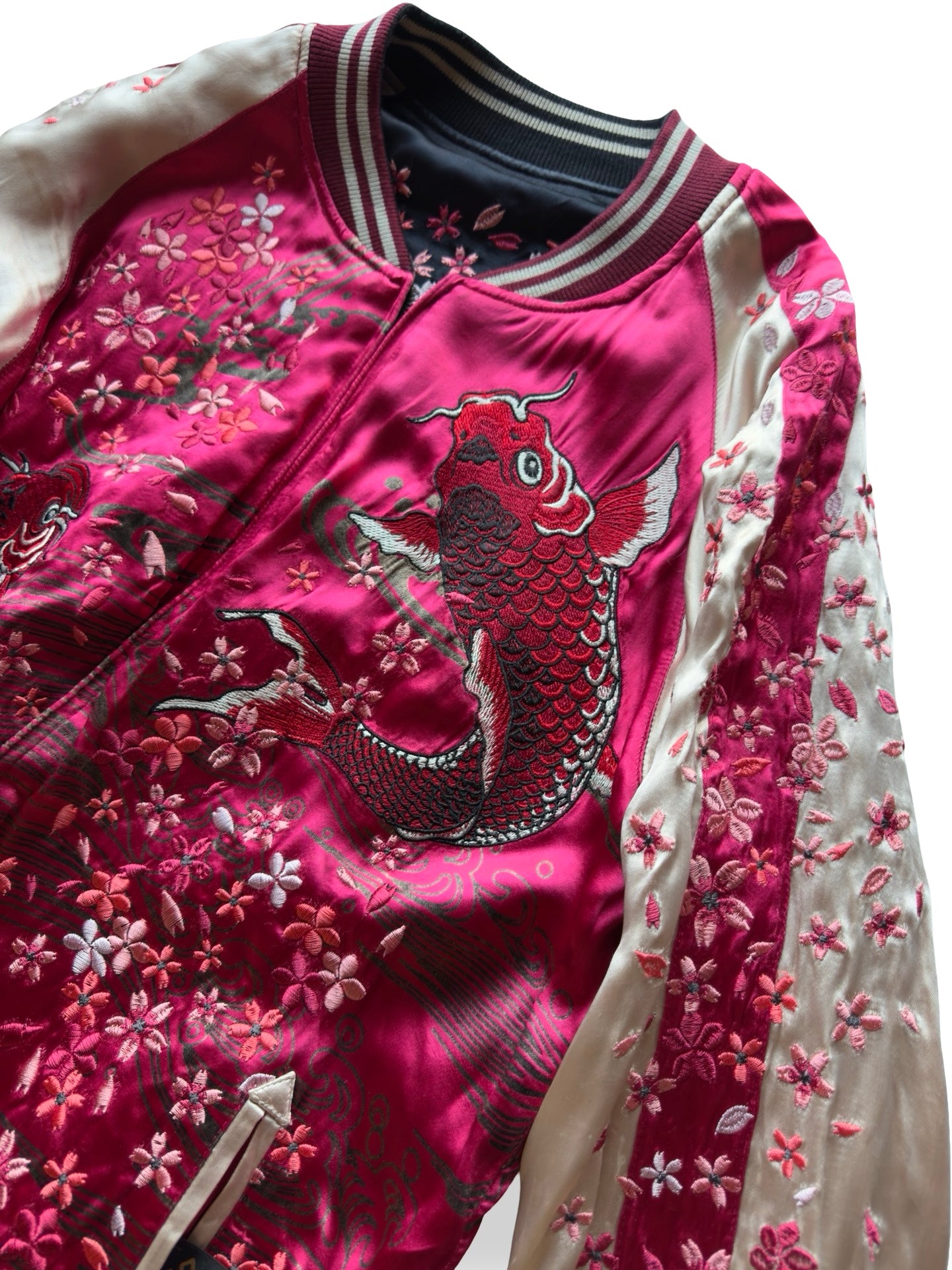 Miyabi Musubi Reversible Sukajan – Rising Koi & Hokusai Great Wave, Sakura Storm Embroidery, Japonisme Japanese Souvenir Jacket