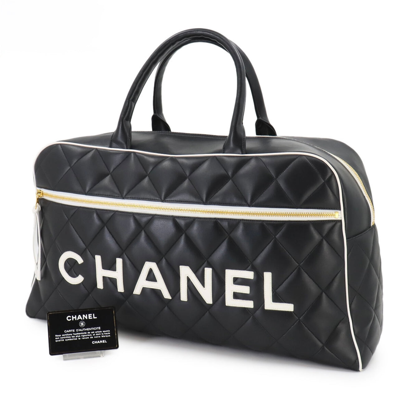 CHANEL Matelassé Logo Boston Bag A05943 Black × White – Vintage Gold Hardware – 1990s Large Quilted Travel Boston Tote – Authentic CHANEL Collector Bag