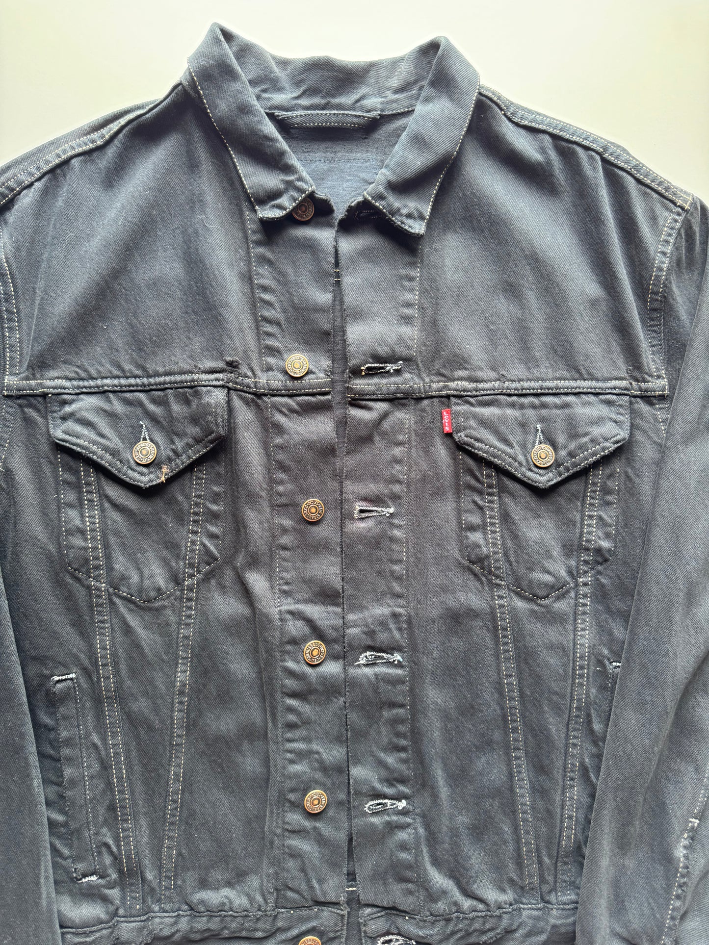 Vintage Levi's Black Denim Jacket with Indigo Seigaiha Silk Panel | Japanese Kimono Remake | One of a Kind Wearable Art | M-L