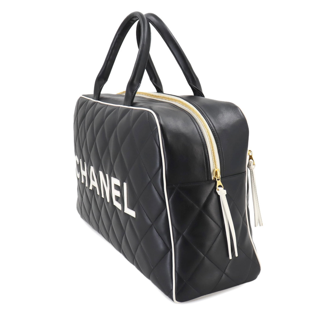 CHANEL Matelassé Logo Boston Bag A05943 Black × White – Vintage Gold Hardware – 1990s Large Quilted Travel Boston Tote – Authentic CHANEL Collector Bag