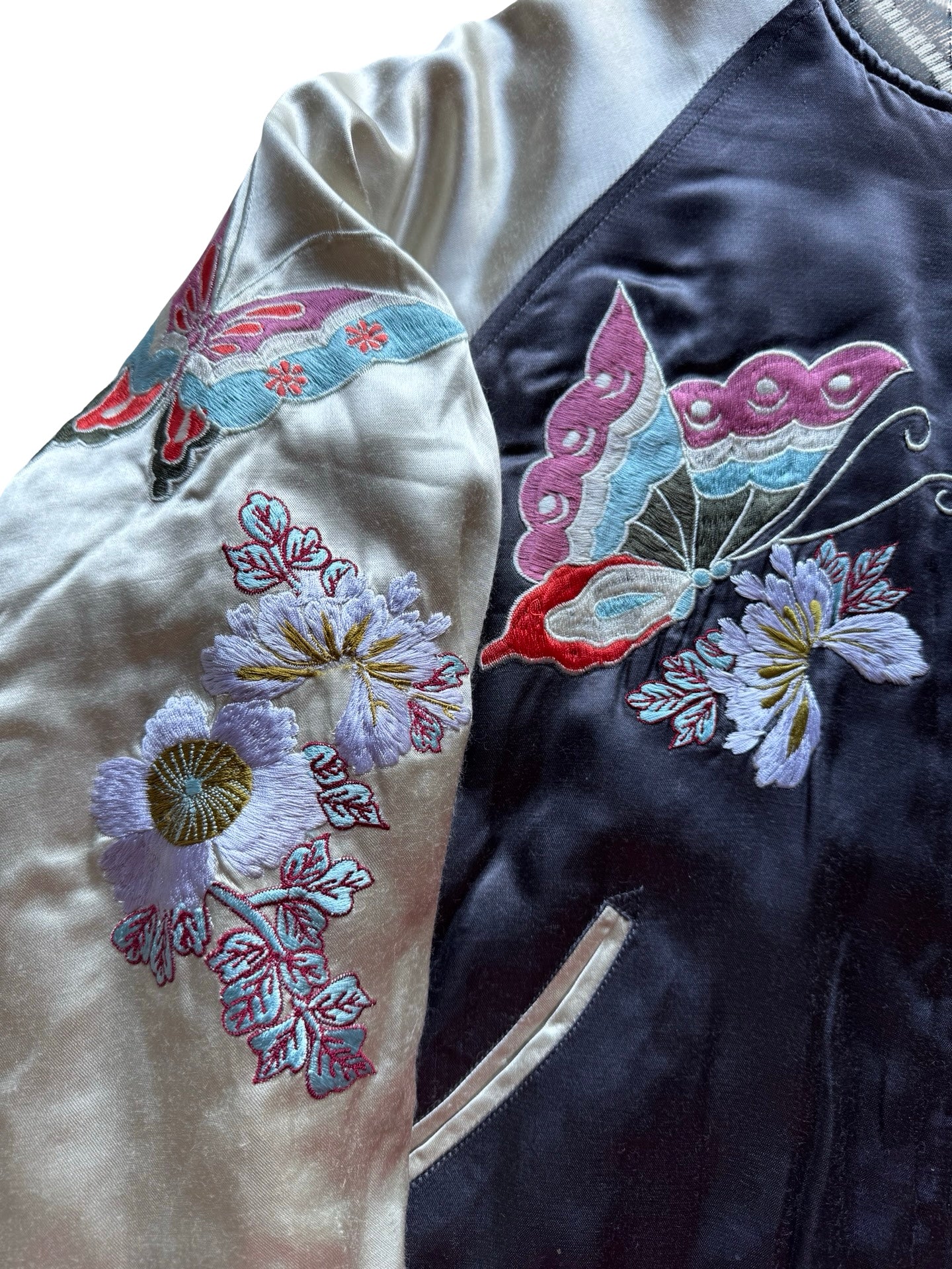 Reversible Japanese Sukajan Jacket – Butterfly & Floral Embroidery / Crane & Pine Quilted Design – Vintage Yokosuka Souvenir Jacket