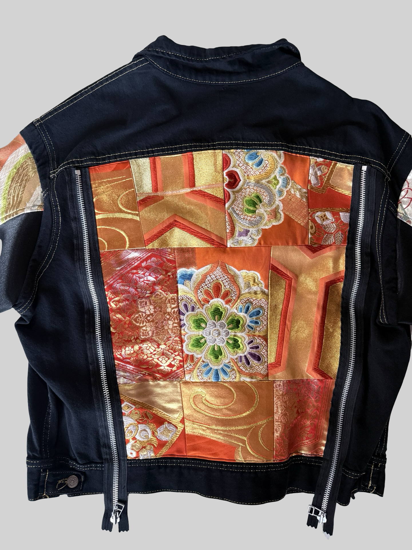 COTE MER Kimono Obi Remake Denim Jacket Silk Brocade Patchwork Japanese Upcycled Designer Jacket L XL
