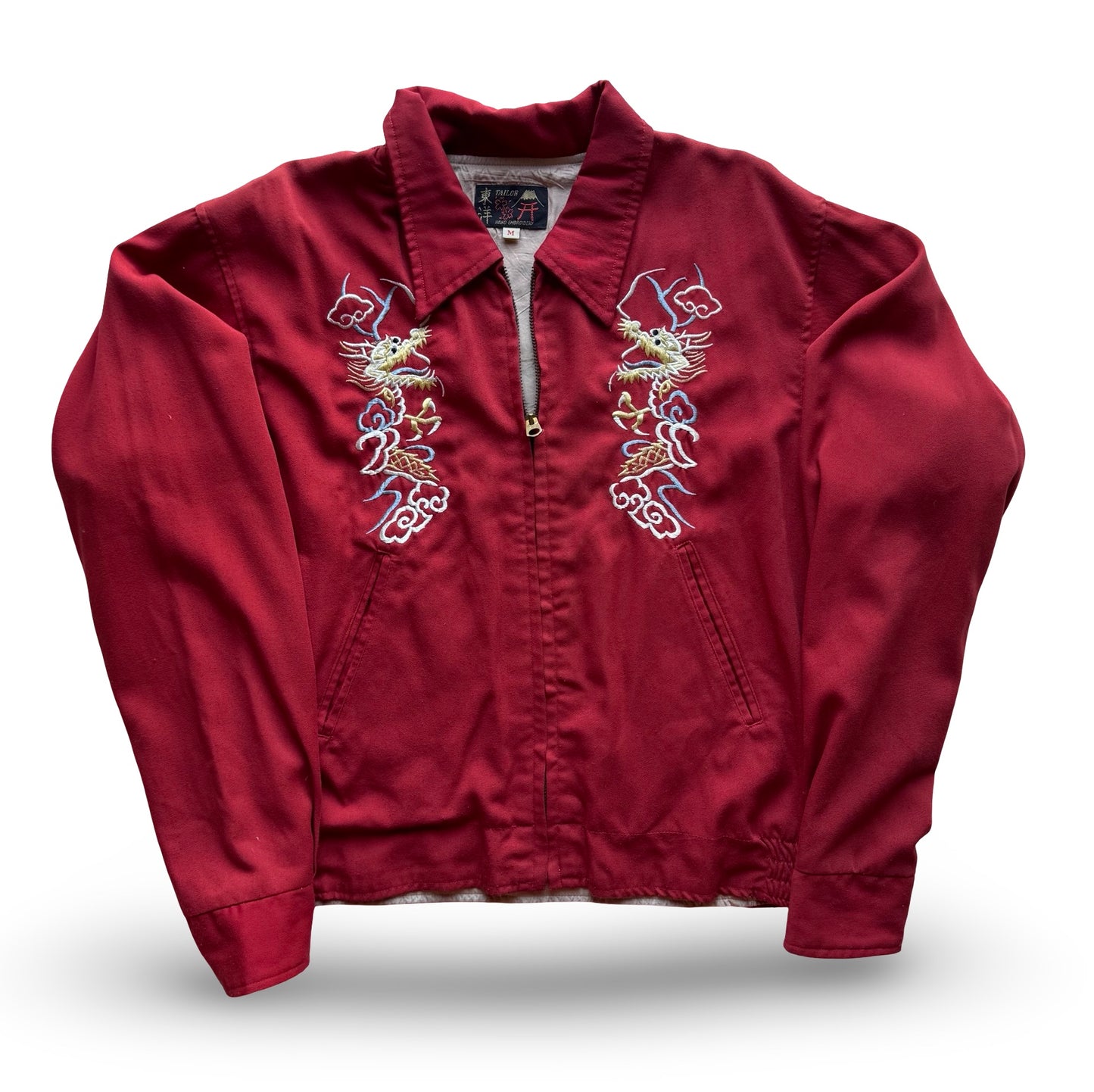 Vintage Tailor Toyo Dragon Souvenir Jacket — Tokyo Japan Embroidery • 5th Air Force Patch • Scarlet Red Sukajan (One-Side Only)