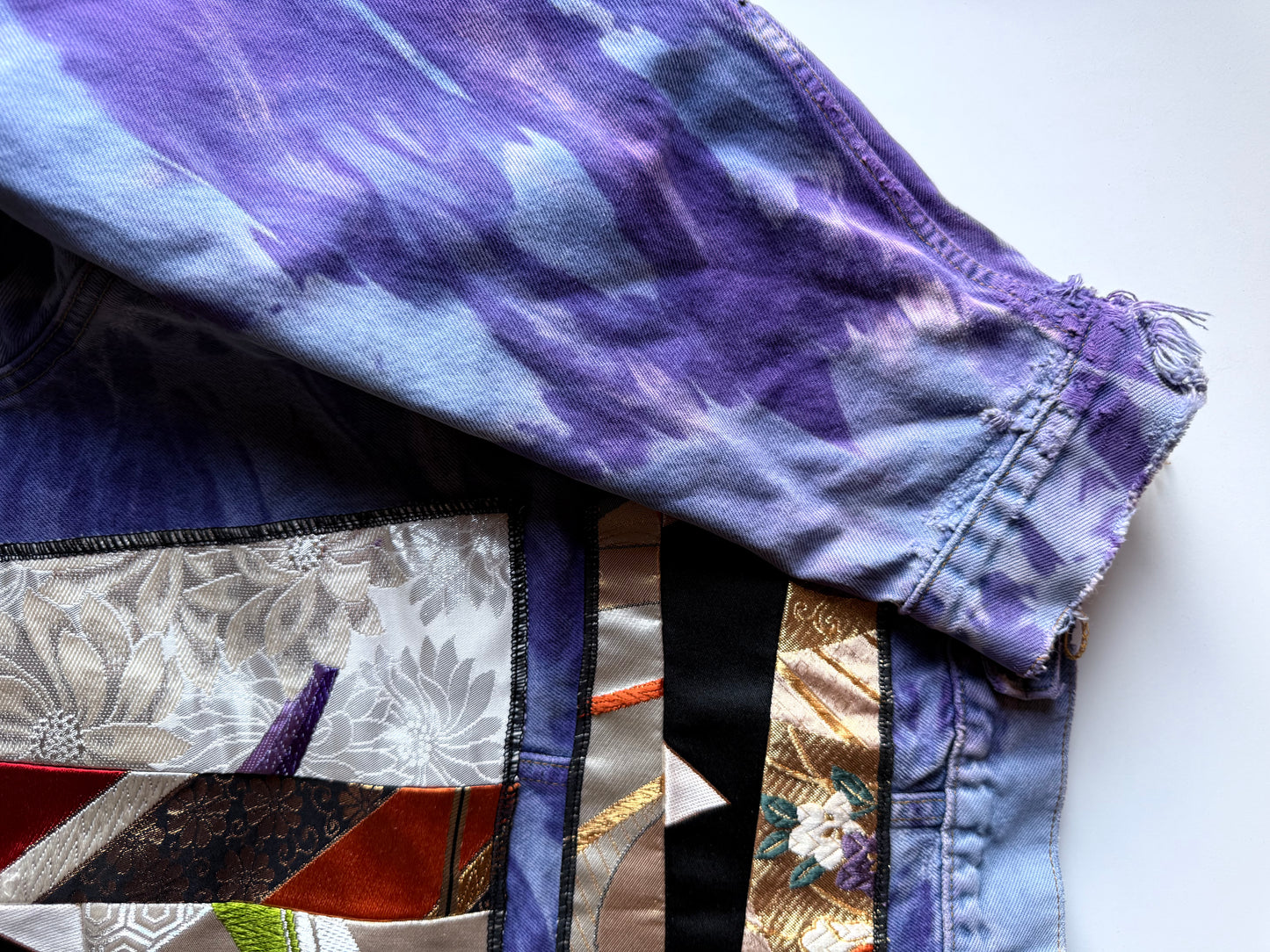 COTÉ MER Kimono Obi Patchwork Denim Remake Jacket L XL Japanese One of One Harajuku Streetwear Wearable Art