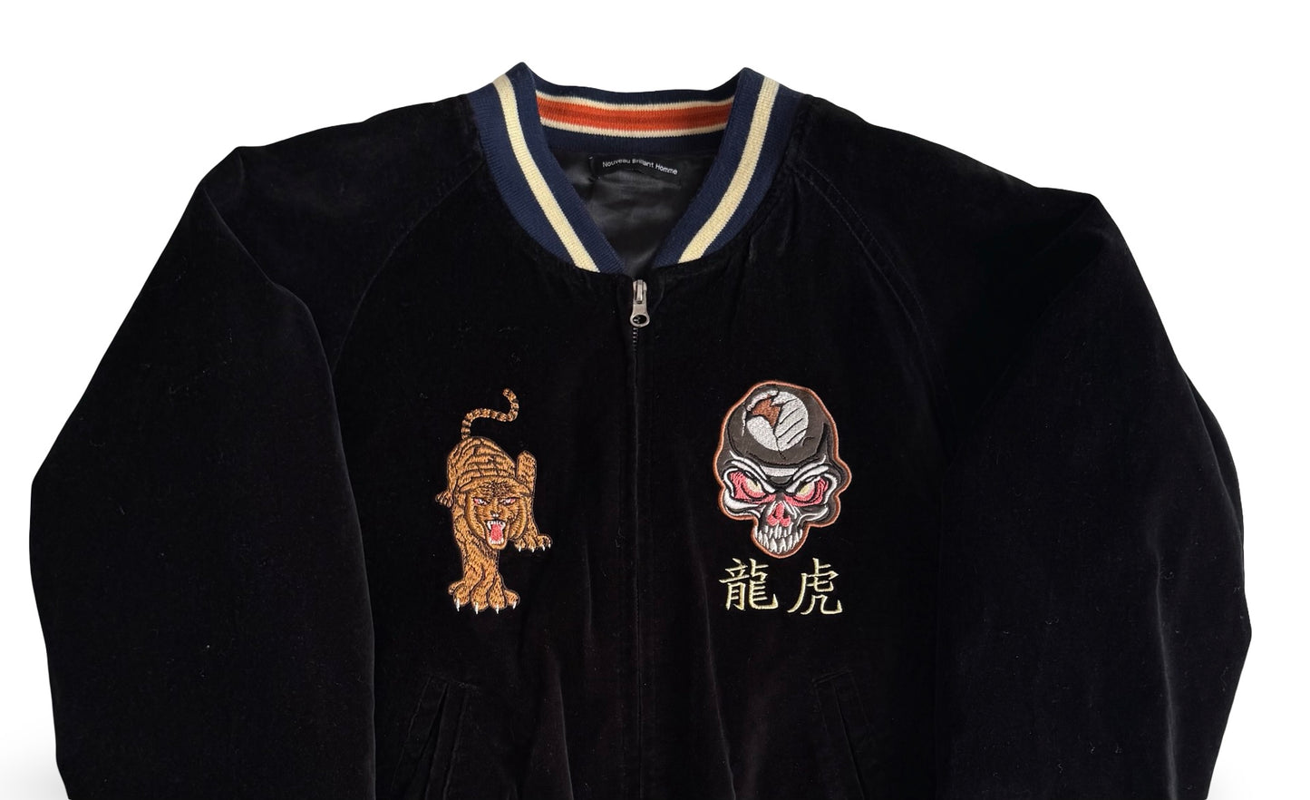 Vintage Velvet Sukajan Jacket — Tiger × Skull Embroidery, Japan Yokosuka Style Velour Souvenir Jacket