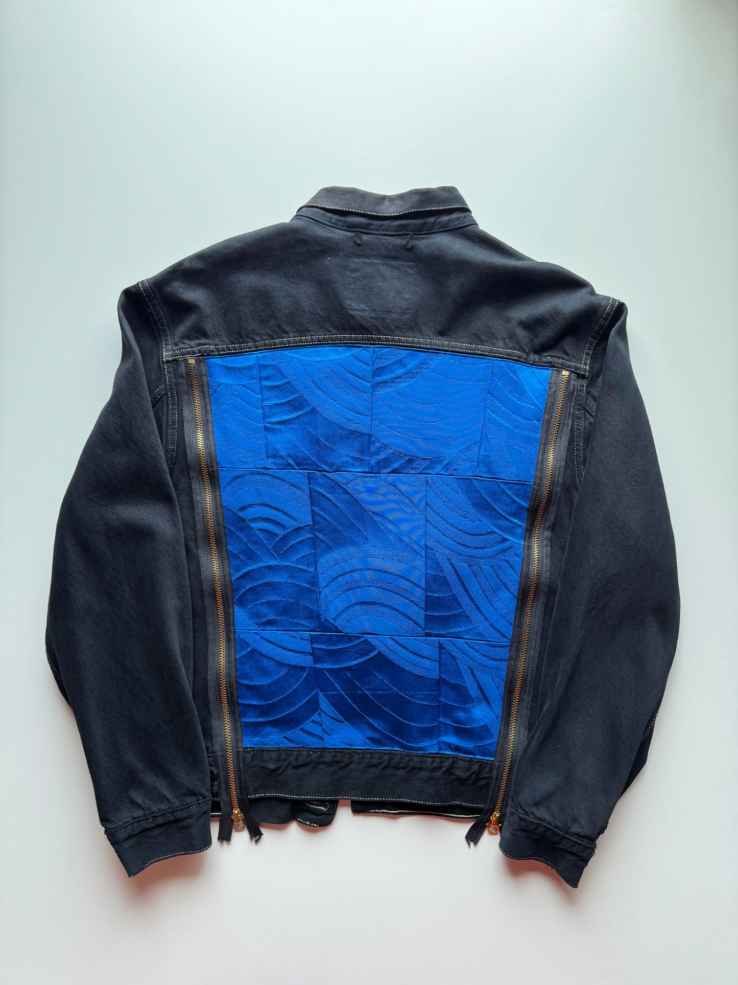 Vintage Levi's Black Denim Jacket with Indigo Seigaiha Silk Panel | Japanese Kimono Remake | One of a Kind Wearable Art | M-L