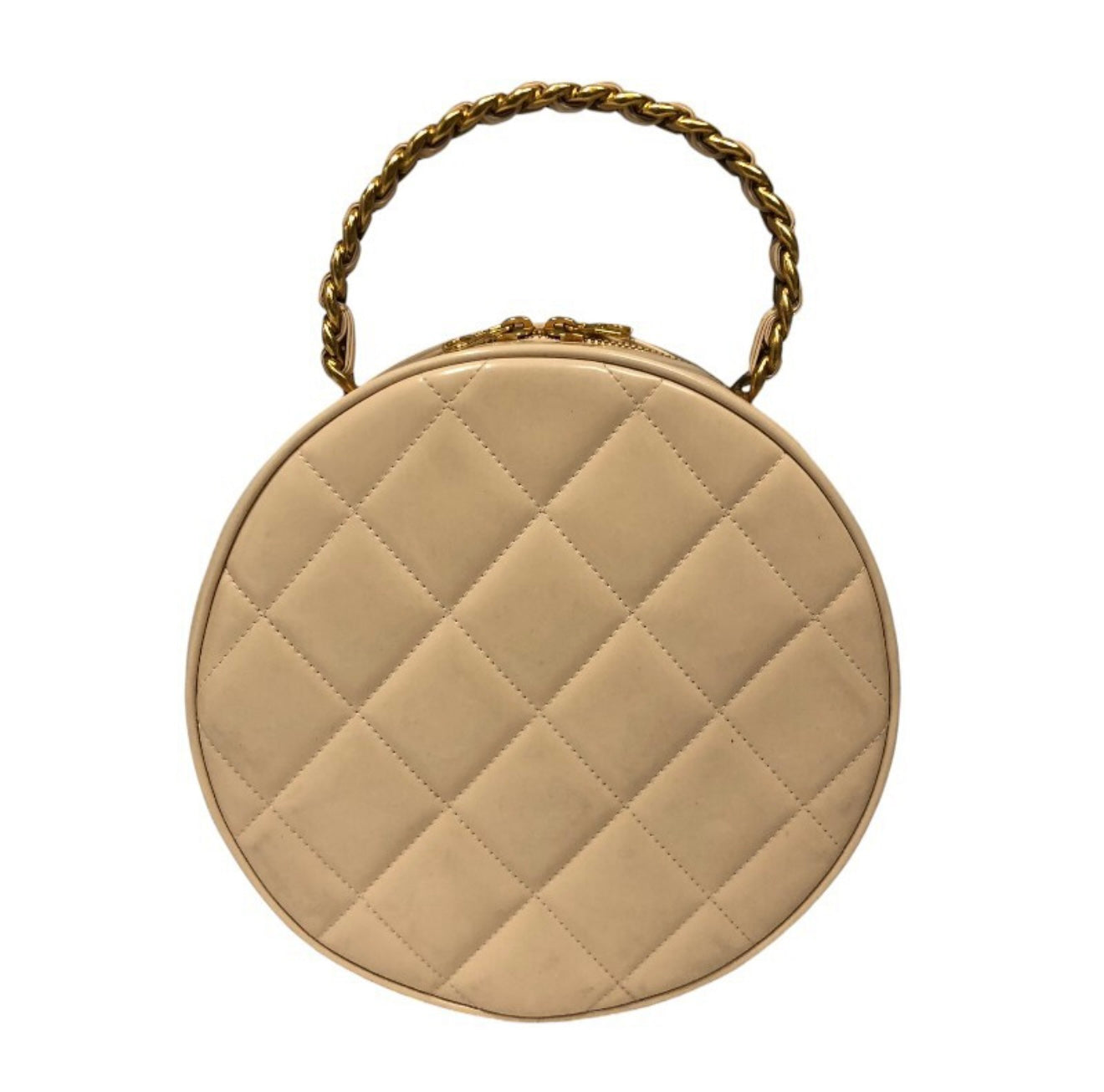 CHANEL Round Enamel Vanity Bag Beige Black Gold CC Logo – Rare Vintage Collectible