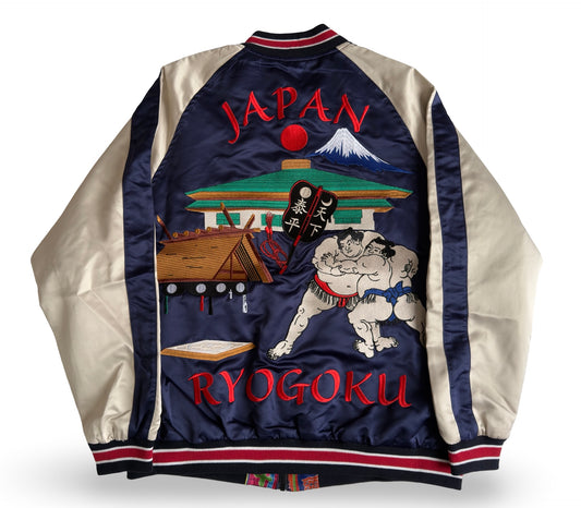Dope Reversible Ryogoku Sumo Sukajan Jacket – Mt. Fuji Embroidery, Neon Banner Side, Premium Japanese Souvenir Art