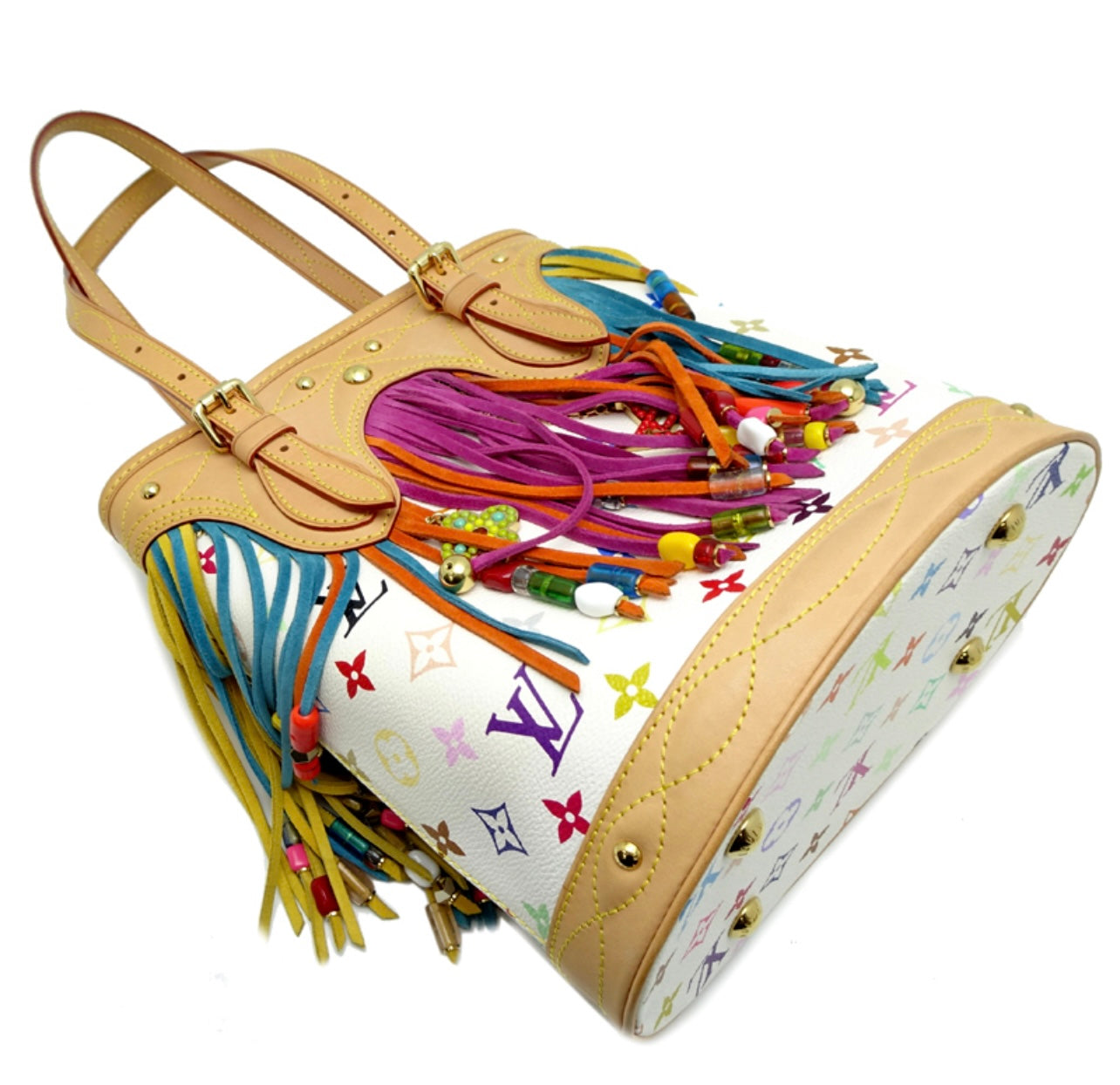 Louis Vuitton 2006 Limited Edition Bucket Fringe M40109 White Multicolor Tote + Pouch Set | Rare Monogram Vernis Fringe Bag