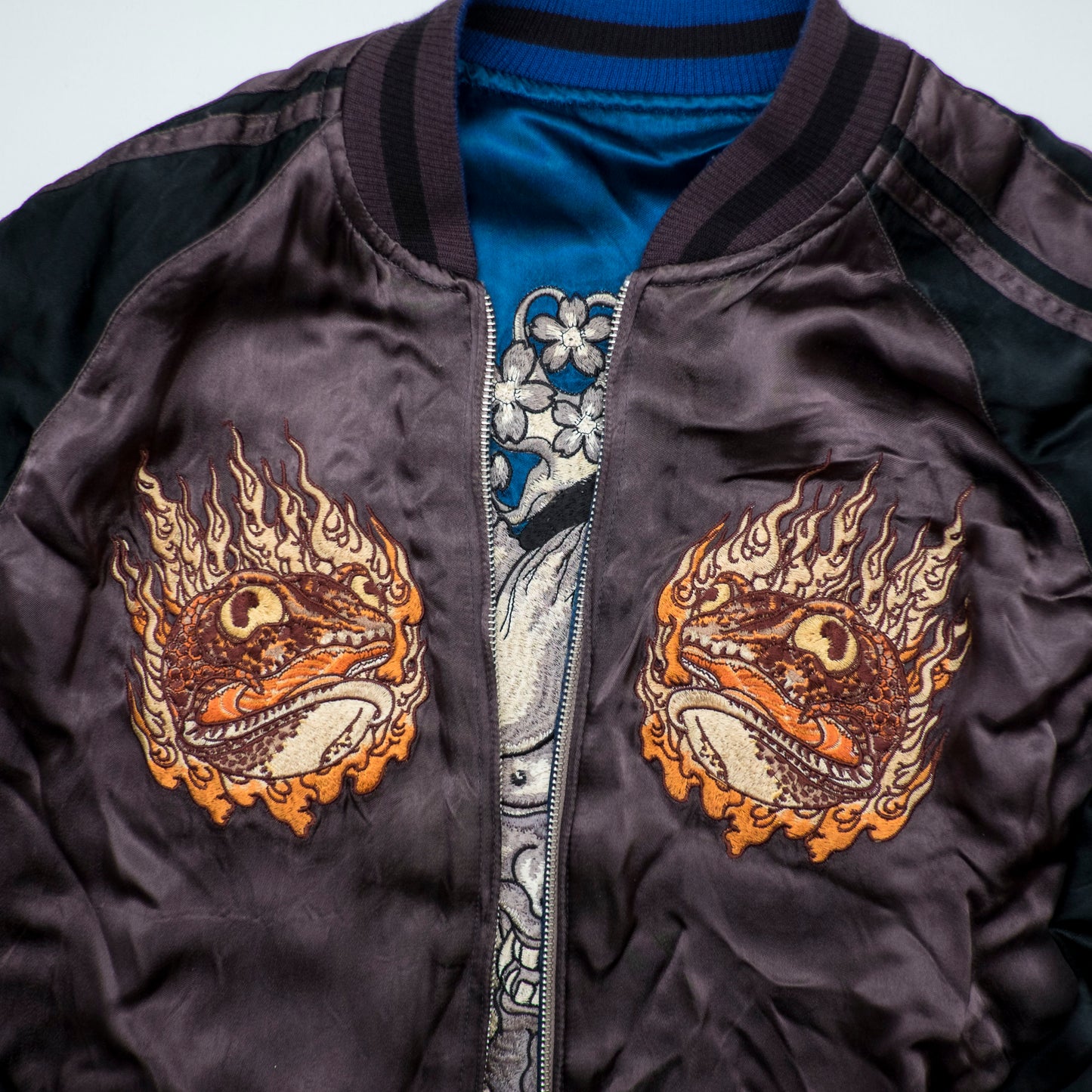 Vintage Reversible Sukajan Jacket XL Hannya Mask Jiraiya Toad Hero Blue Gray Japanese Y2K Souvenir Bomber