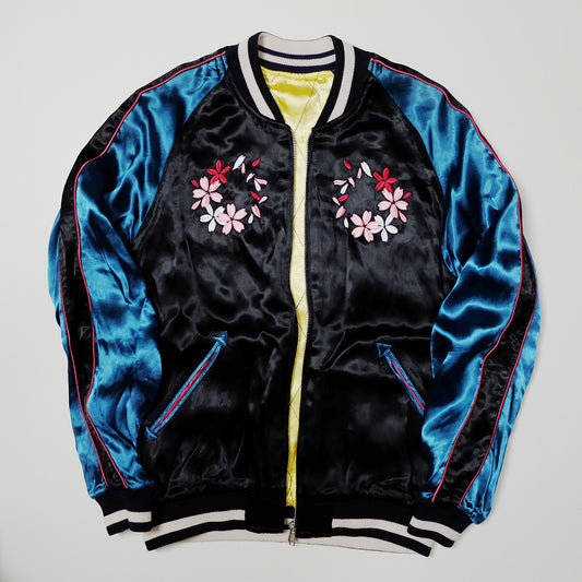 Vintage IOLANI Sukajan Jacket Reversible Sakura Moon Embroidered Japanese Souvenir Bomber Black Blue Yellow