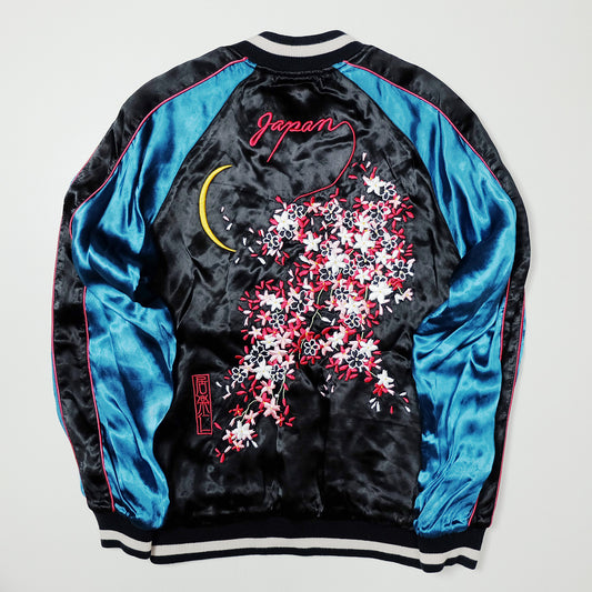 Vintage IOLANI Sukajan Jacket Reversible Sakura Moon Embroidered Japanese Souvenir Bomber Black Blue Yellow