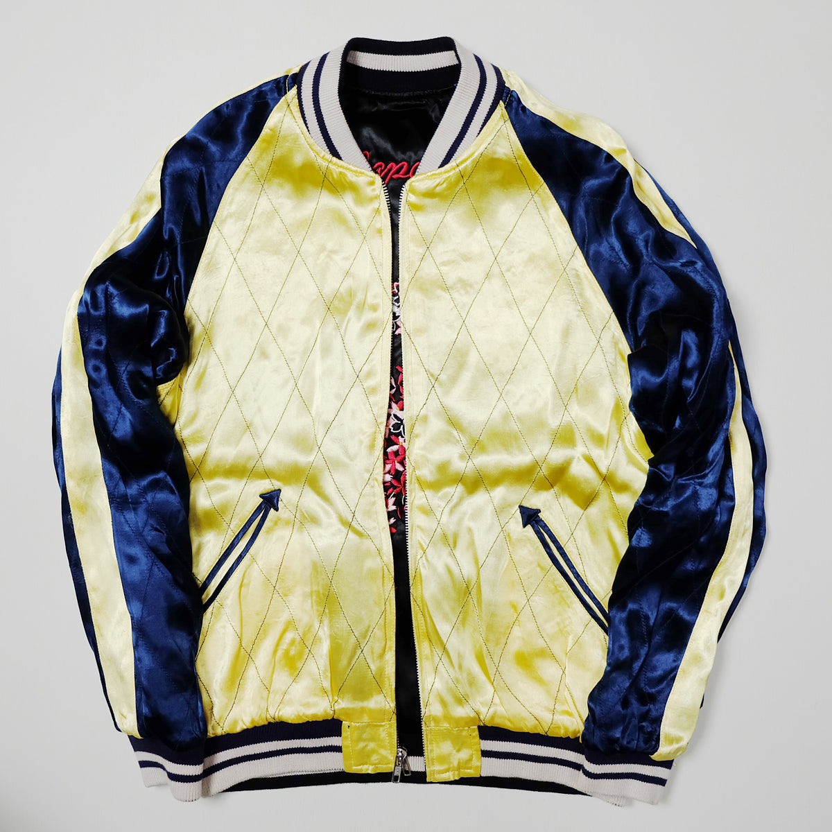 Vintage IOLANI Sukajan Jacket Reversible Sakura Moon Embroidered Japanese Souvenir Bomber Black Blue Yellow