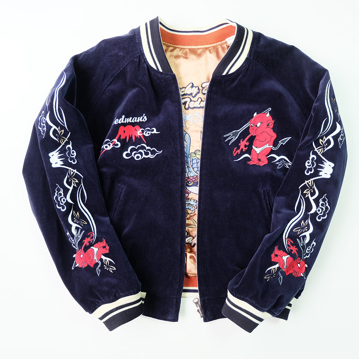 TEDMAN Ted Company Reversible Sukajan Jacket Black Velvet Gold Satin Little Devil Phoenix Mount Fuji Japanese Y2K Bomber