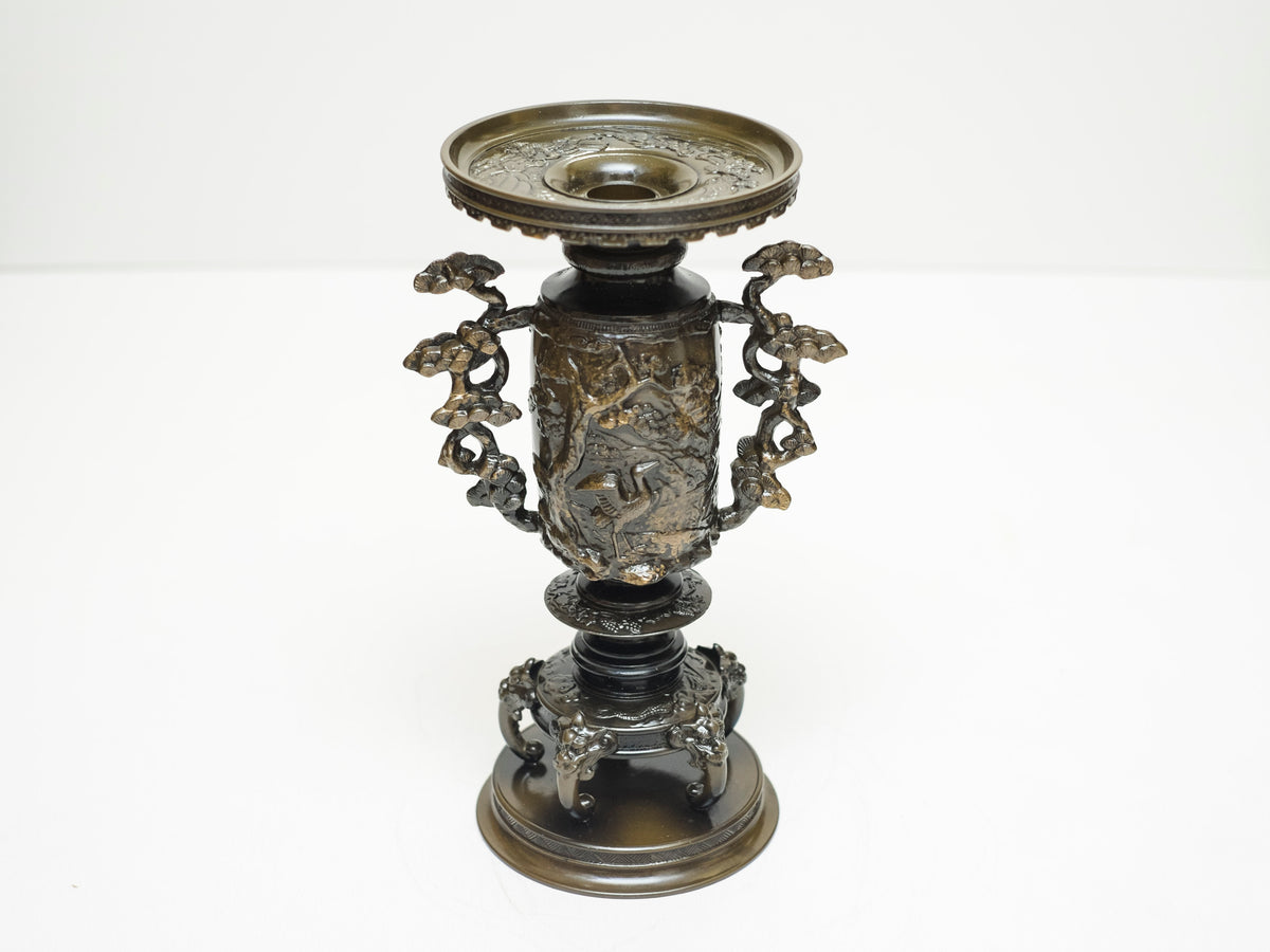 Vintage Japanese Bronze Usubata Ikebana Vase with Crane & Pine Relief | Takaoka Doki Style Flower Vessel
