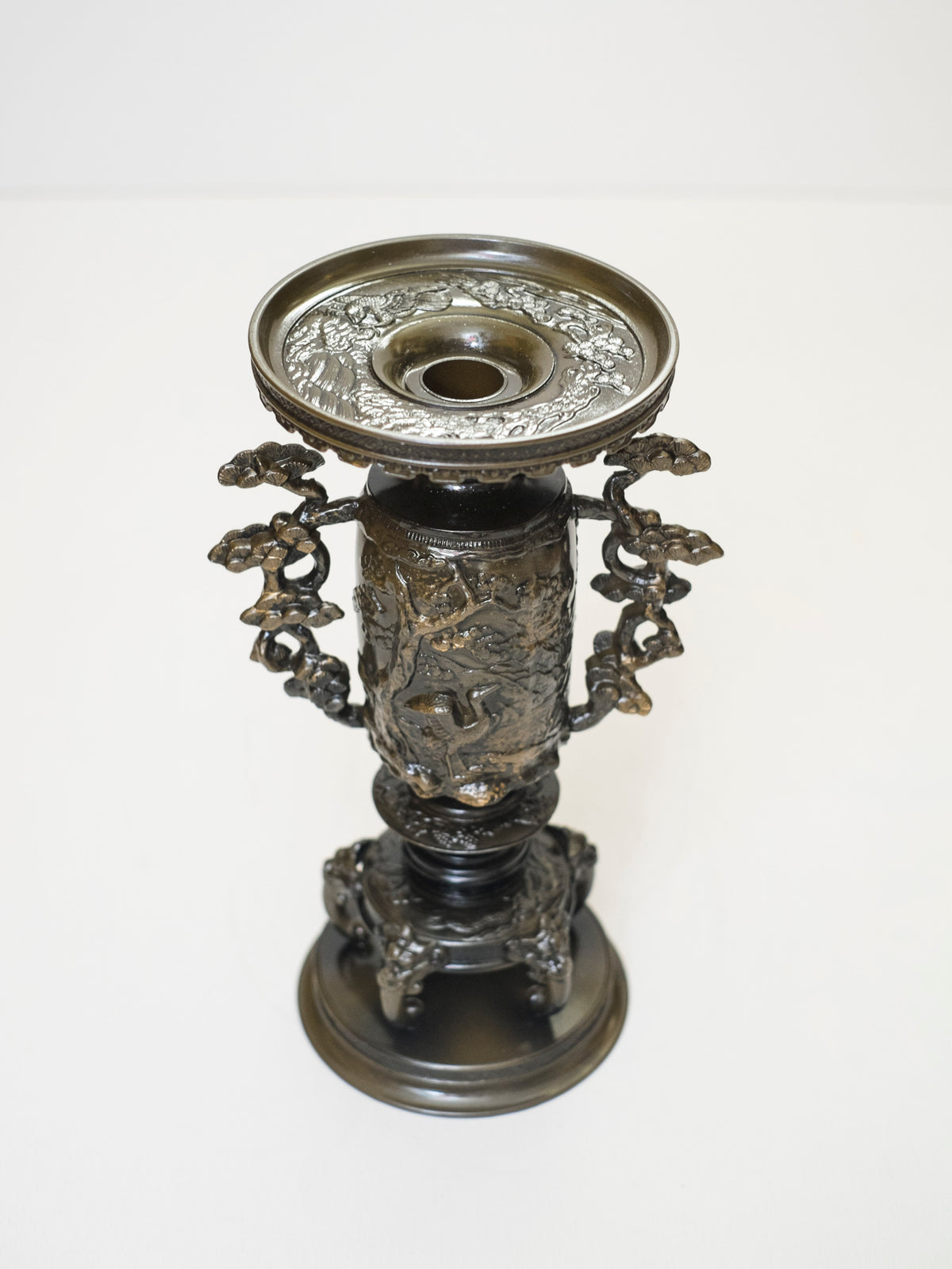 Vintage Japanese Bronze Usubata Ikebana Vase with Crane & Pine Relief | Takaoka Doki Style Flower Vessel