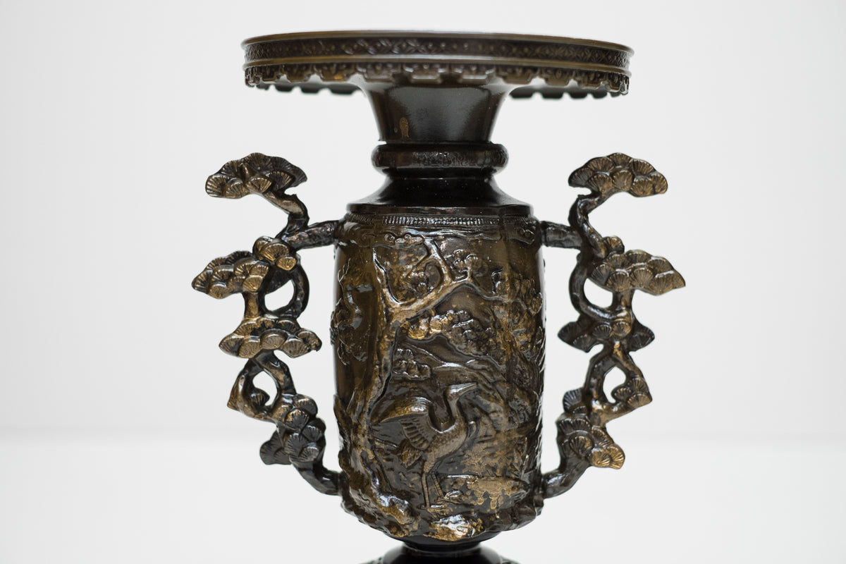 Vintage Japanese Bronze Usubata Ikebana Vase with Crane & Pine Relief | Takaoka Doki Style Flower Vessel