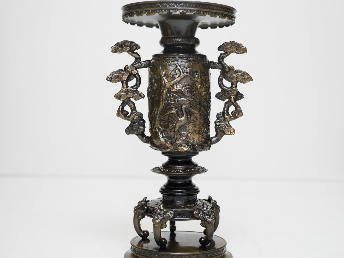 Vintage Japanese Bronze Usubata Ikebana Vase with Crane & Pine Relief | Takaoka Doki Style Flower Vessel