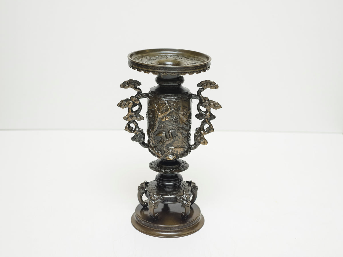 Vintage Japanese Bronze Usubata Ikebana Vase with Crane & Pine Relief | Takaoka Doki Style Flower Vessel