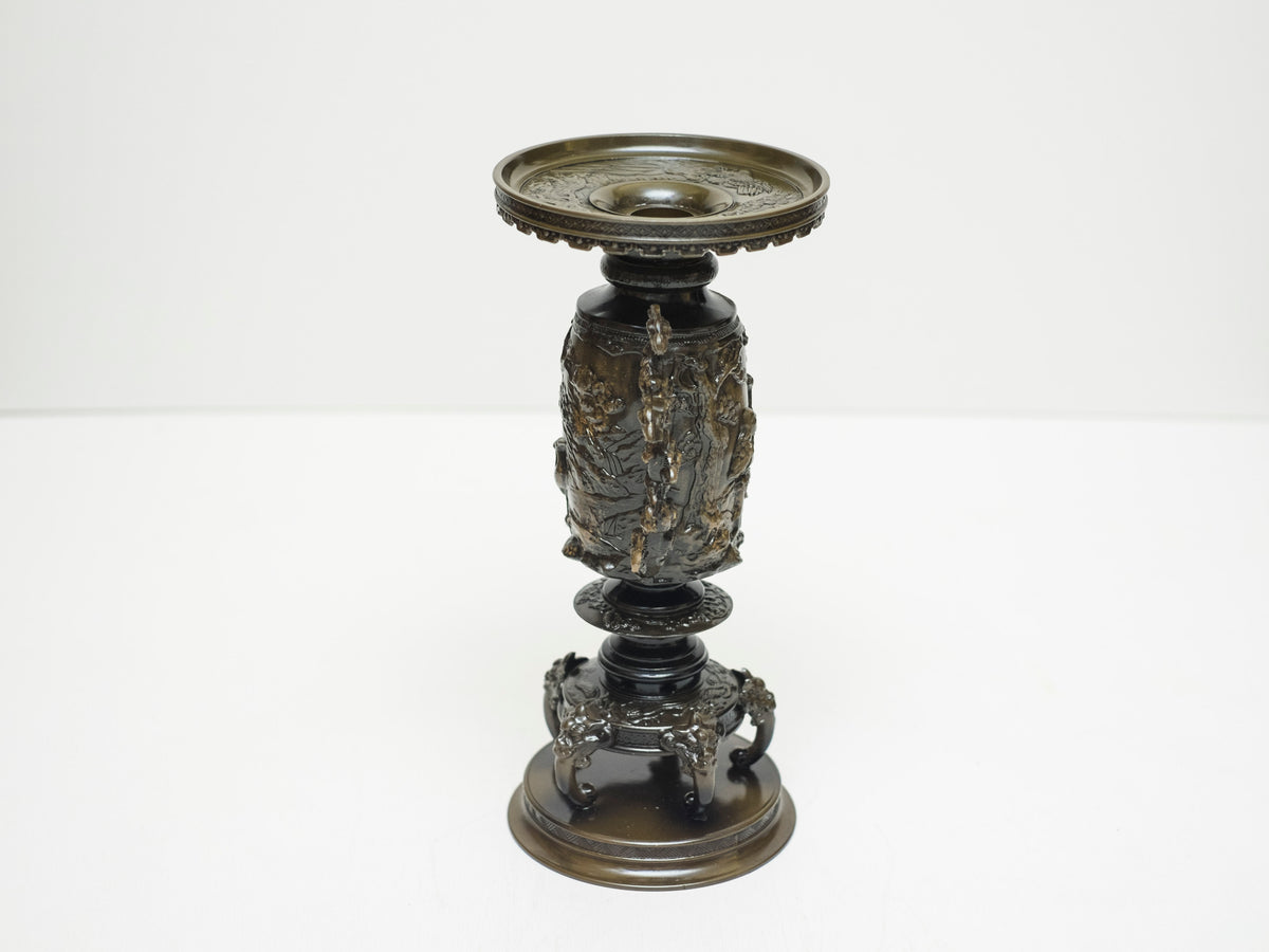 Vintage Japanese Bronze Usubata Ikebana Vase with Crane & Pine Relief | Takaoka Doki Style Flower Vessel