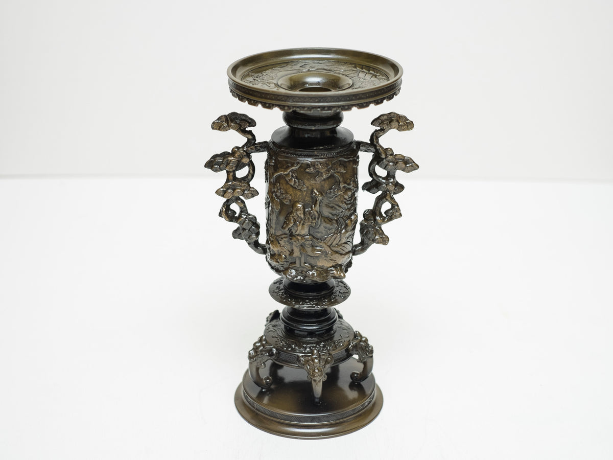 Vintage Japanese Bronze Usubata Ikebana Vase with Crane & Pine Relief | Takaoka Doki Style Flower Vessel