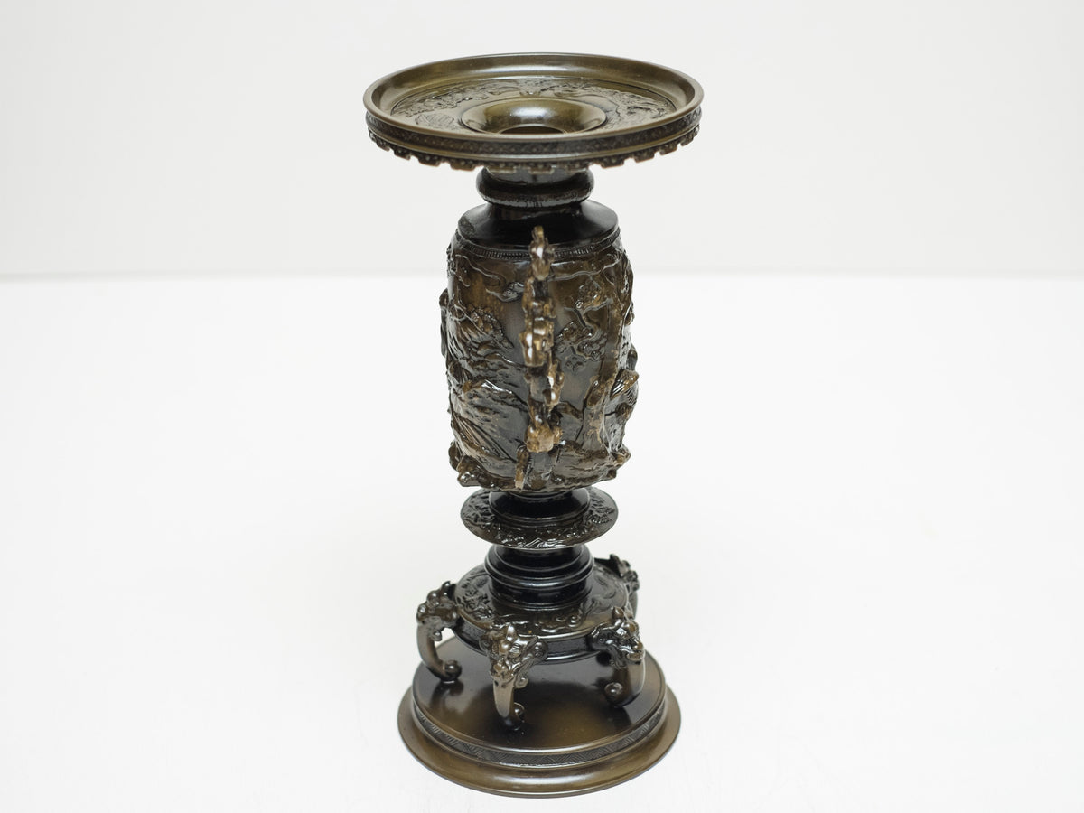 Vintage Japanese Bronze Usubata Ikebana Vase with Crane & Pine Relief | Takaoka Doki Style Flower Vessel