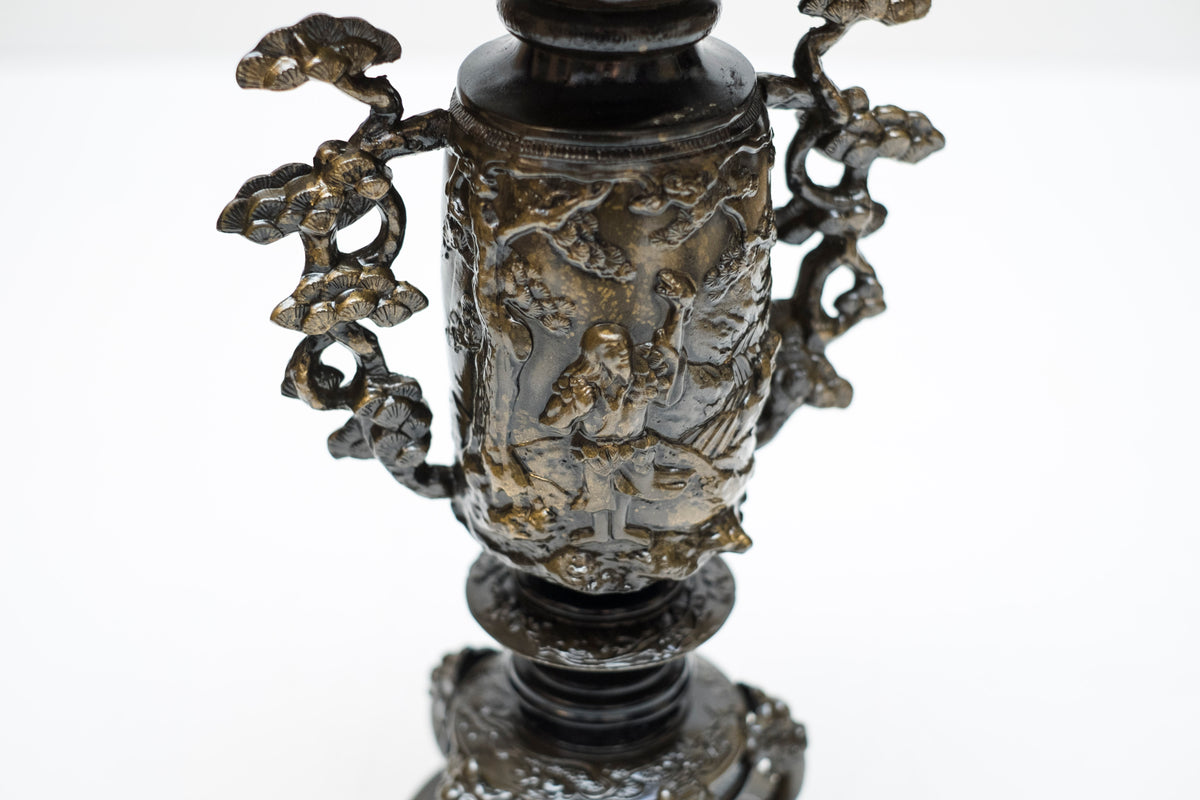 Vintage Japanese Bronze Usubata Ikebana Vase with Crane & Pine Relief | Takaoka Doki Style Flower Vessel