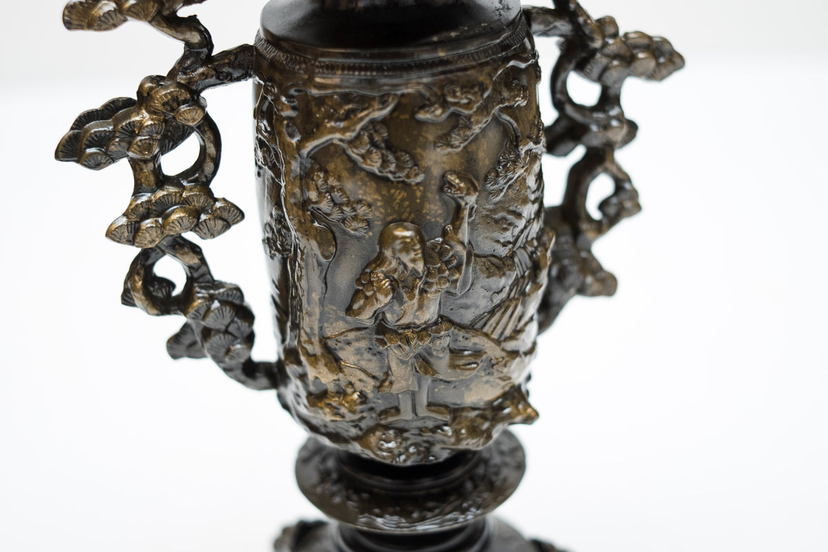 Vintage Japanese Bronze Usubata Ikebana Vase with Crane & Pine Relief | Takaoka Doki Style Flower Vessel