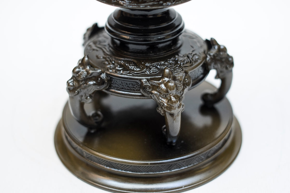 Vintage Japanese Bronze Usubata Ikebana Vase with Crane & Pine Relief | Takaoka Doki Style Flower Vessel