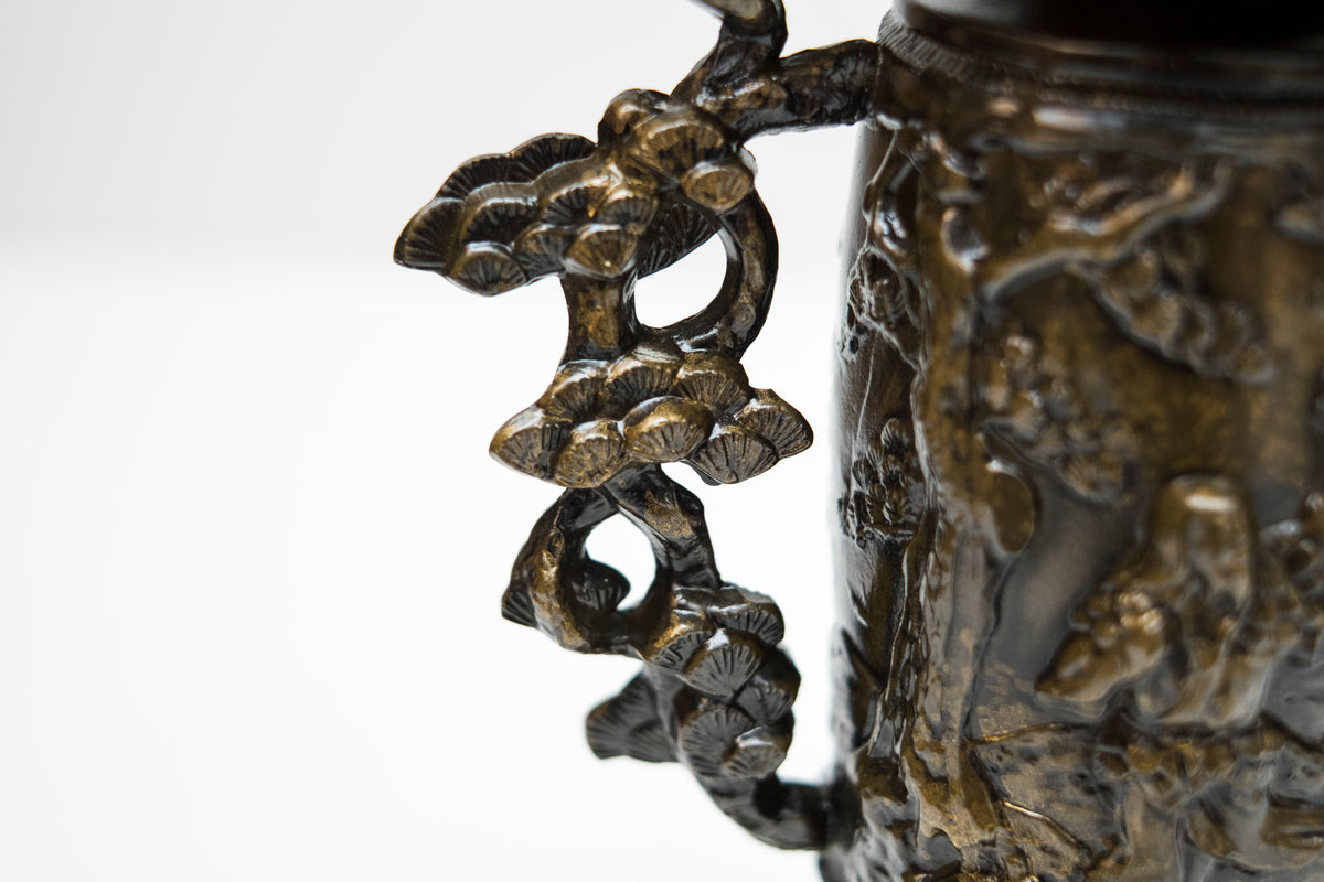 Vintage Japanese Bronze Usubata Ikebana Vase with Crane & Pine Relief | Takaoka Doki Style Flower Vessel