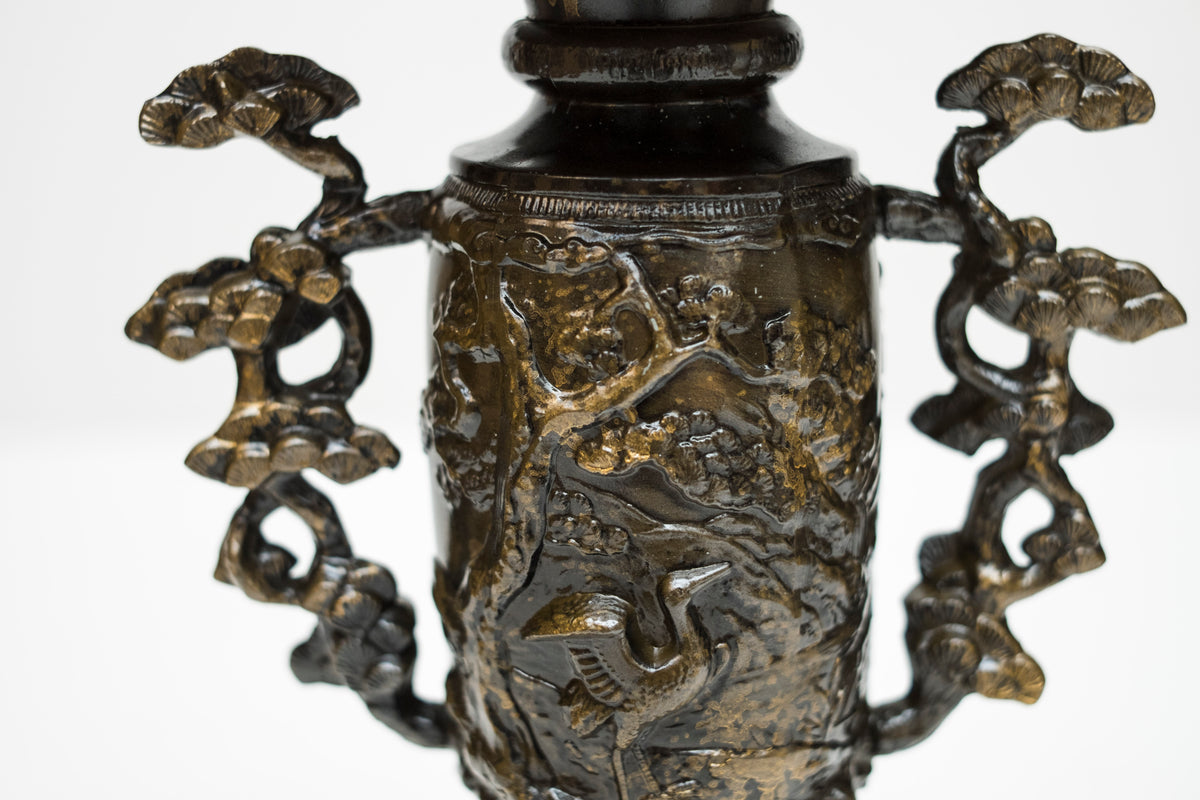 Vintage Japanese Bronze Usubata Ikebana Vase with Crane & Pine Relief | Takaoka Doki Style Flower Vessel