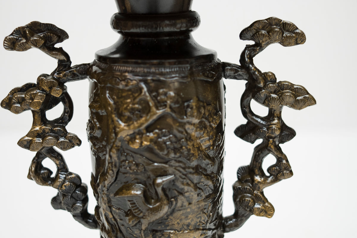 Vintage Japanese Bronze Usubata Ikebana Vase with Crane & Pine Relief | Takaoka Doki Style Flower Vessel