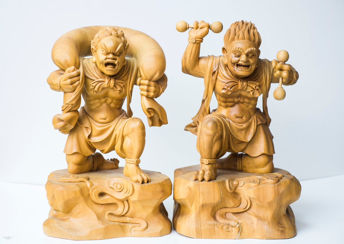 Large Vintage Japanese Fujin Raijin Carved Wood Statues Pair | Wind Thunder Gods | Buddhist Guardian Sculpture with Box
