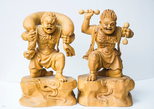 Large Vintage Japanese Fujin Raijin Carved Wood Statues Pair | Wind Thunder Gods | Buddhist Guardian Sculpture with Box