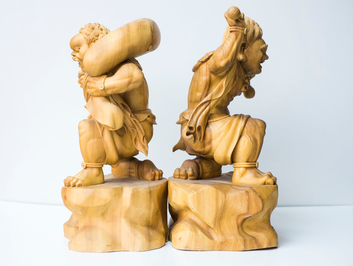Large Vintage Japanese Fujin Raijin Carved Wood Statues Pair | Wind Thunder Gods | Buddhist Guardian Sculpture with Box