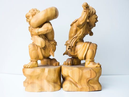 Large Vintage Japanese Fujin Raijin Carved Wood Statues Pair | Wind Thunder Gods | Buddhist Guardian Sculpture with Box