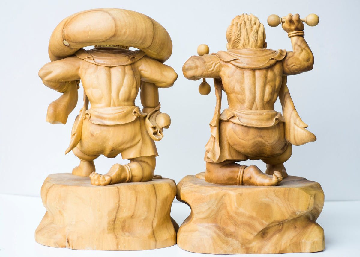 Large Vintage Japanese Fujin Raijin Carved Wood Statues Pair | Wind Thunder Gods | Buddhist Guardian Sculpture with Box