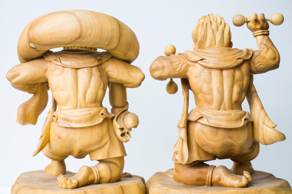 Large Vintage Japanese Fujin Raijin Carved Wood Statues Pair | Wind Thunder Gods | Buddhist Guardian Sculpture with Box